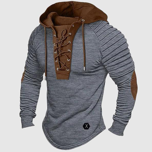 Men's long sleeve hooded sweatshirt with lace-up detail