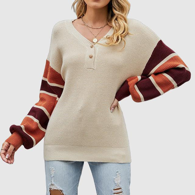 Stylish women's commuter sweater with lantern sleeves and stripes