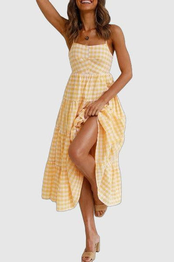 Women's A-Line Sundress - Sleeveless Square Neck - Midi Length with Side Slit