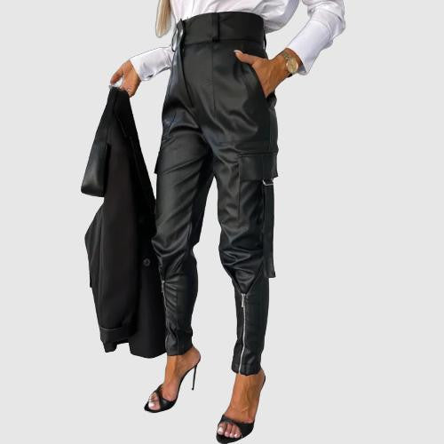 Women's Cargo Pants - High Waist - Tapered Fit - Cuffed Ankles - Stylish & Functional