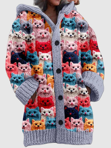 Women's hooded cardigan with colorful cat print