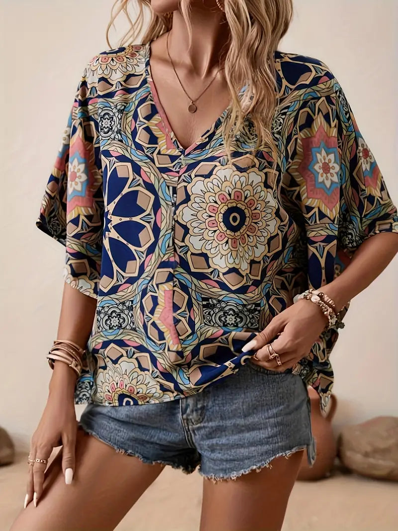 Women's blouse with floral pattern and v neckline