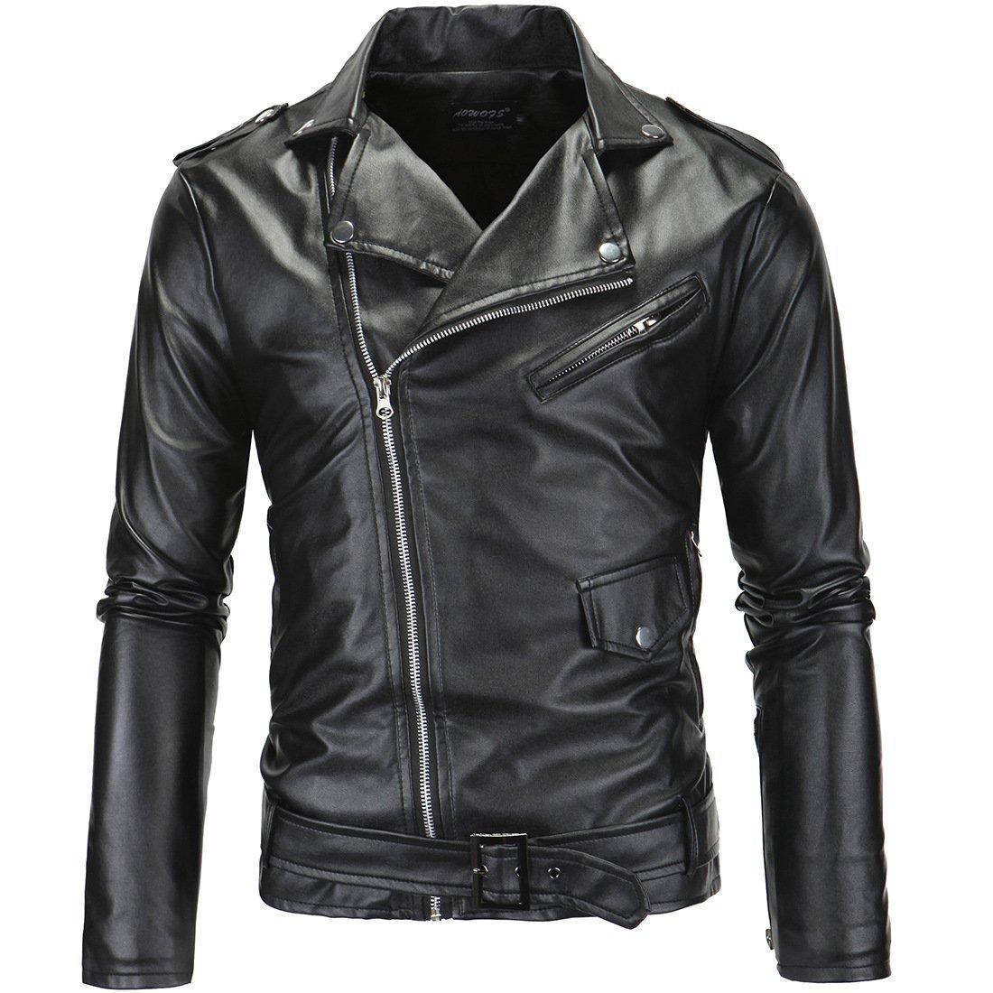 Men's motorcycle leather jacket with oblique zipper