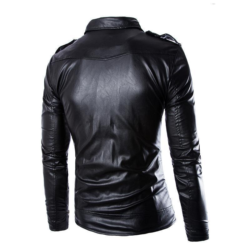 Men's motorcycle leather jacket with oblique zipper