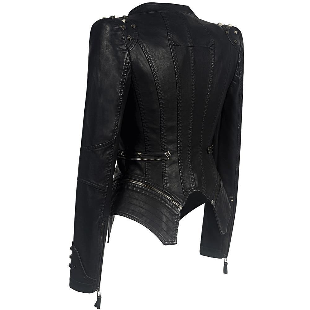 Women’s Biker Jacket – Slim Fit – Leather Look – Studded Shoulders – Zipper Accents