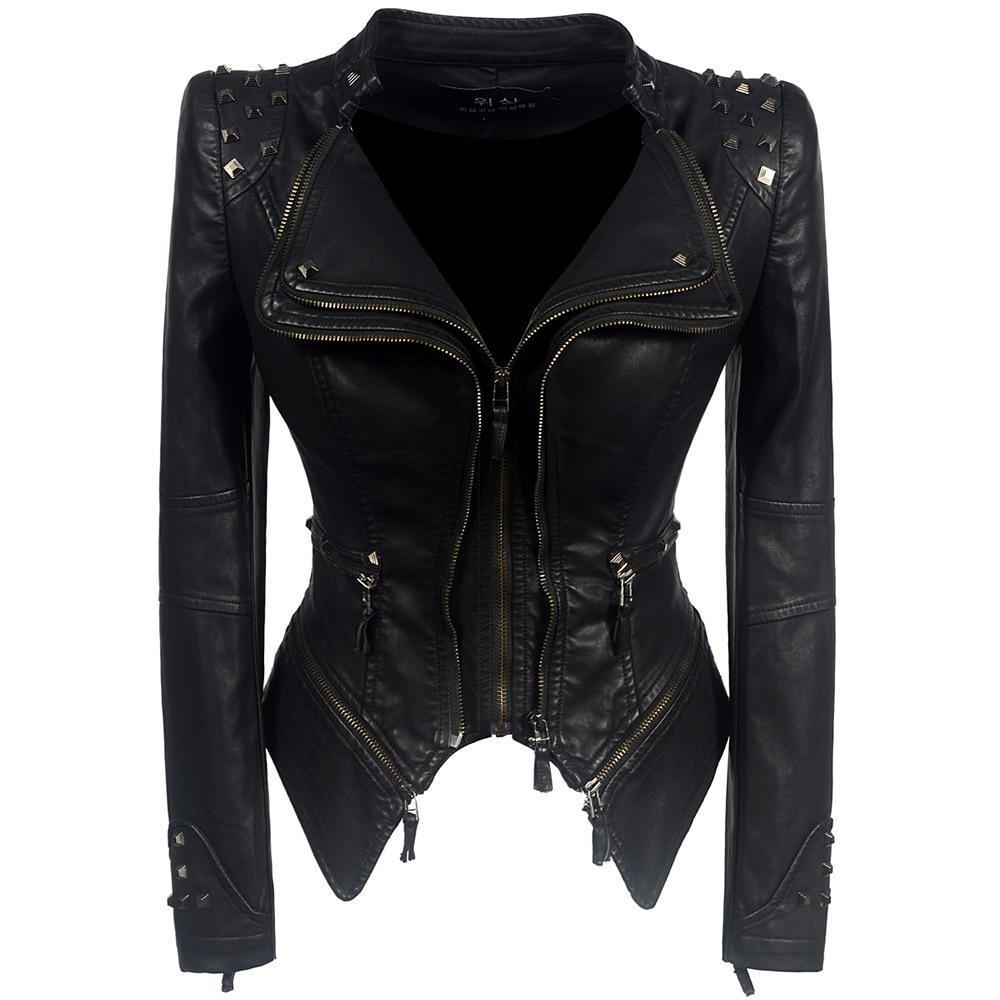 Women’s Biker Jacket – Slim Fit – Leather Look – Studded Shoulders – Zipper Accents
