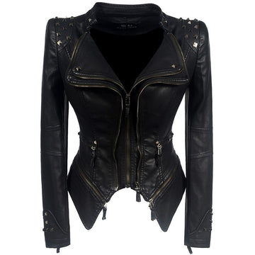 Women’s Biker Jacket – Slim Fit – Leather Look – Studded Shoulders – Zipper Accents