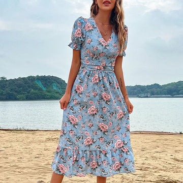 Cynthia - Long Floral Dress with V-neck