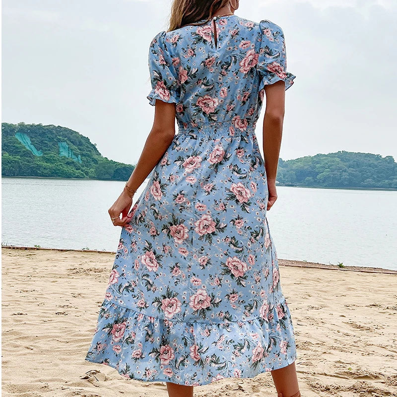 Women's Midi Dress - Floral Print - V-Neck - Puff Sleeves - Fitted Waist - Ruffle Hem