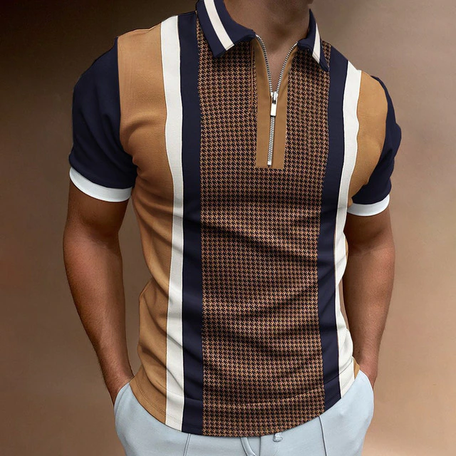 Chic Plaid Stripe Polo Shirt with Zipper Collar for Casual Comfort