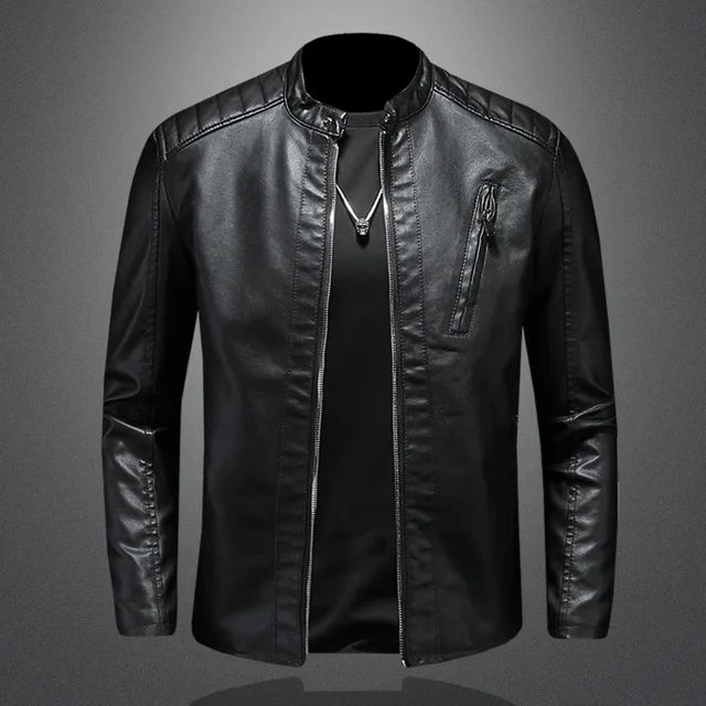 Men’s Biker Jacket - Leather - Mandarin Collar - Zipper Closure - Slim Fit