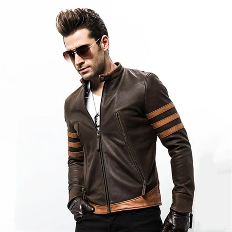 Men's sleek leather jacket with racing stripes