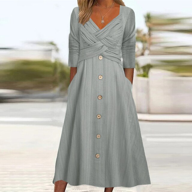 Women's Midi Dress - Wrap V-Neck - A-Line Fit - Button Down - 3/4 Sleeve - With Pockets