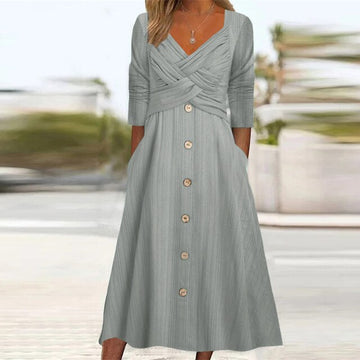 Women's Midi Dress - Wrap V-Neck - A-Line Fit - Button Down - 3/4 Sleeve - With Pockets