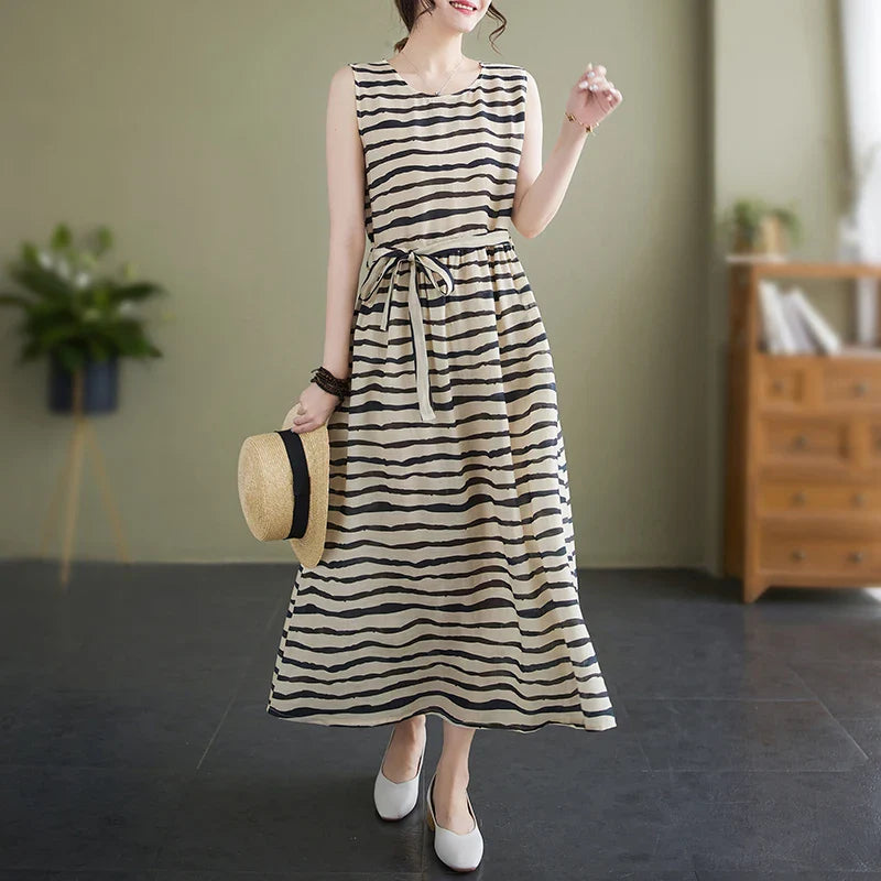 Women's Maxi Dress - Sleeveless A-Line - Striped Pattern - Belted Waist Elegant Fit