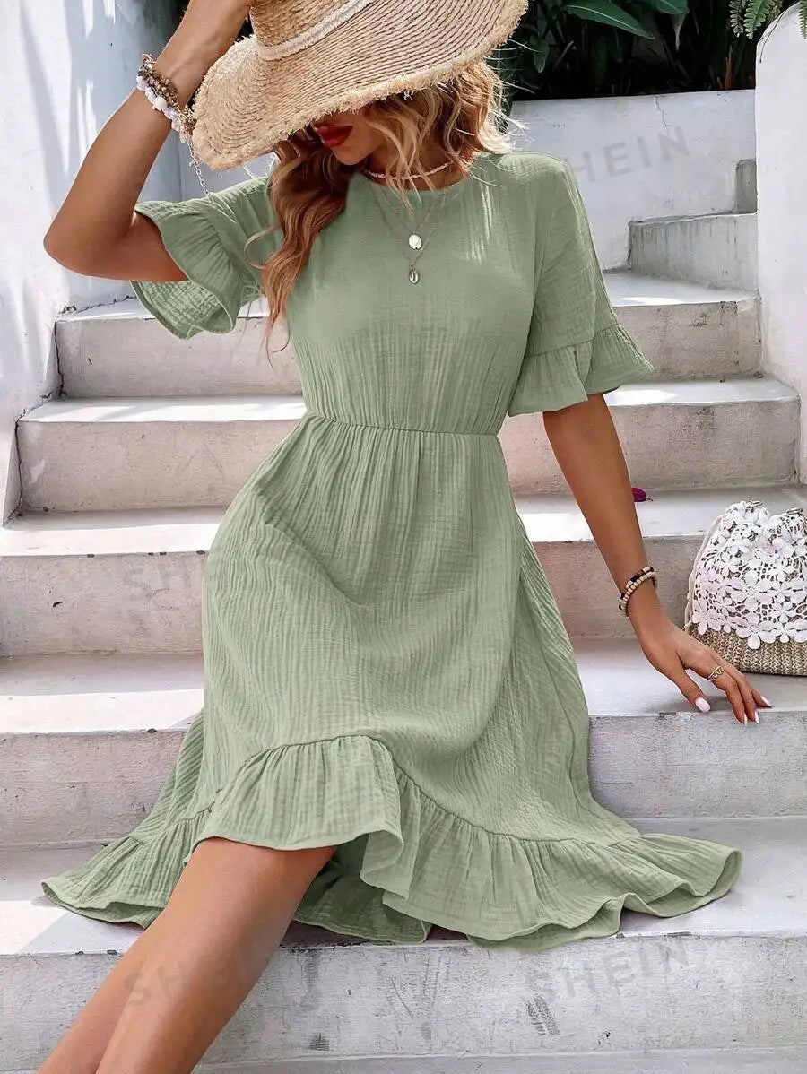 Women's Casual Dress - Round Neck - Short Ruffle Sleeves - Flowy Textured Fabric