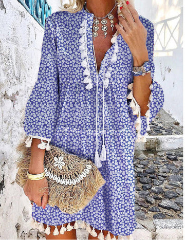 Women's Bohemian Mini Dress - V-Neck Tassel Detail - Bell Sleeve Floral Casual Wear