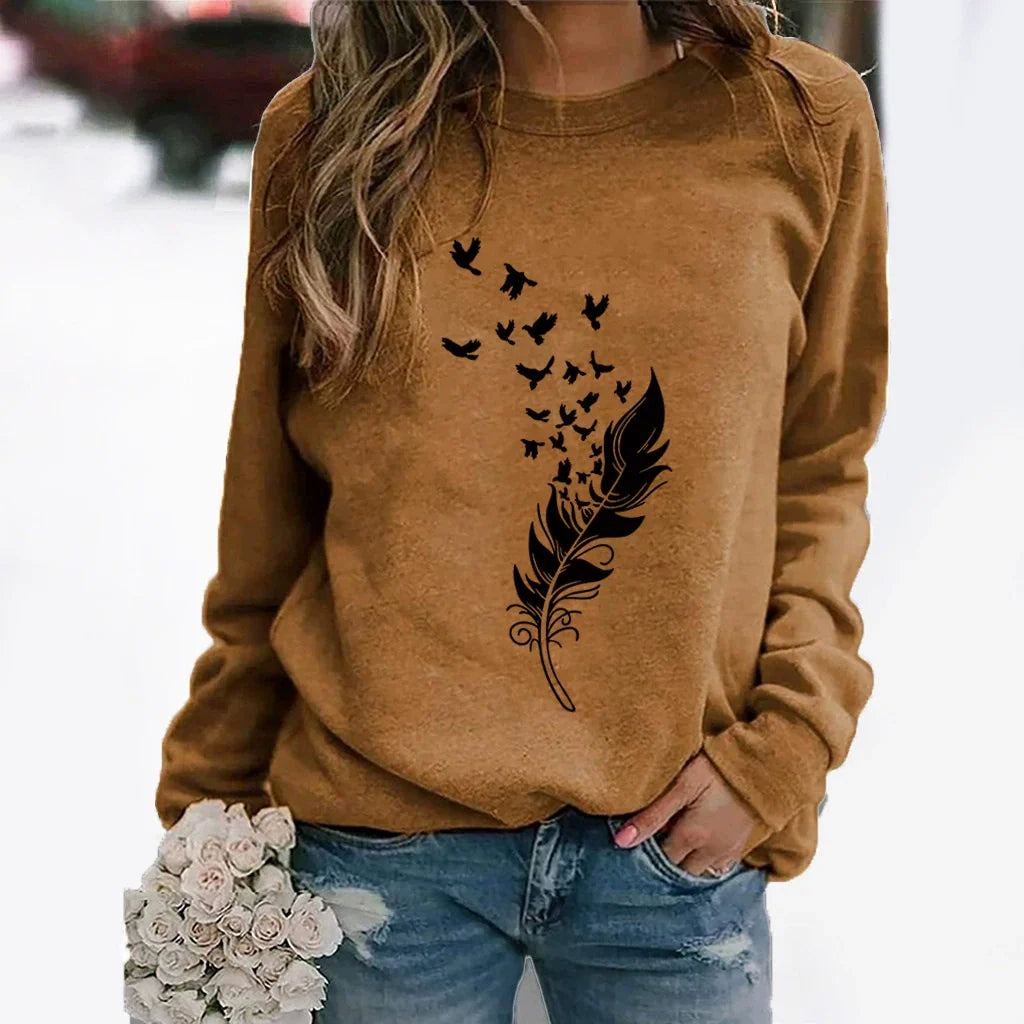 Women’s Sweatshirt – Relaxed Fit – Cotton Blend – Long Sleeve Crew Neck – Feather Print