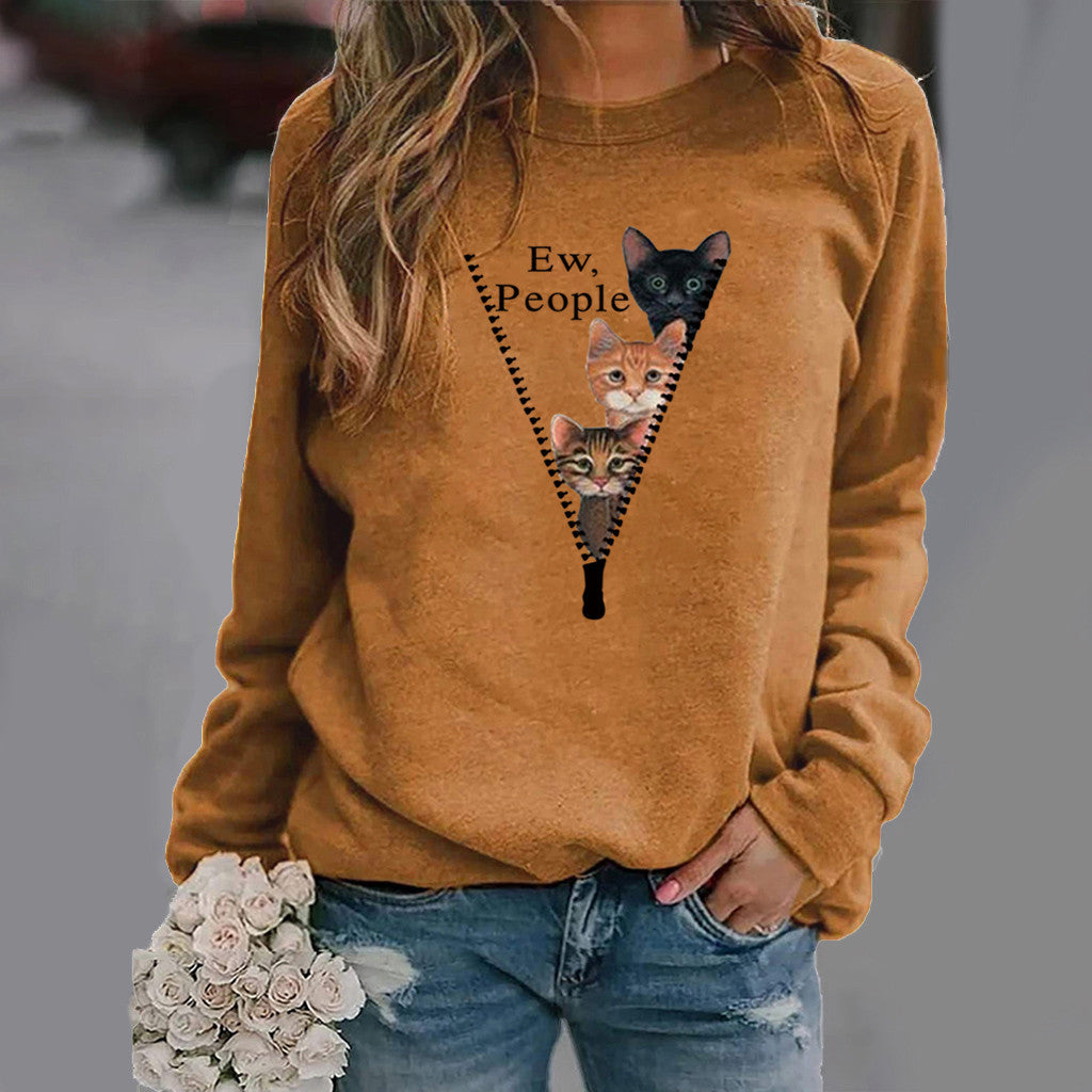 Women’s Sweatshirt – Relaxed Fit – Cat Graphic – Soft Cotton Feel – Crew Neck Casual