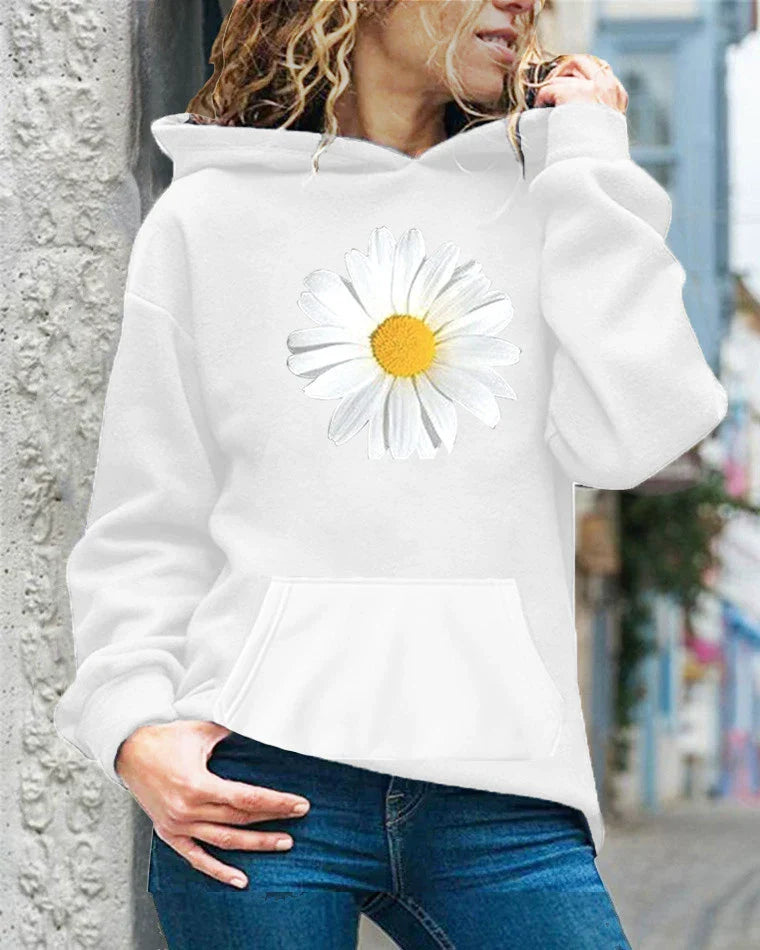 Women’s Hooded Sweatshirt – Relaxed Fit – Soft Fleece – Daisy Print – Pullover Style