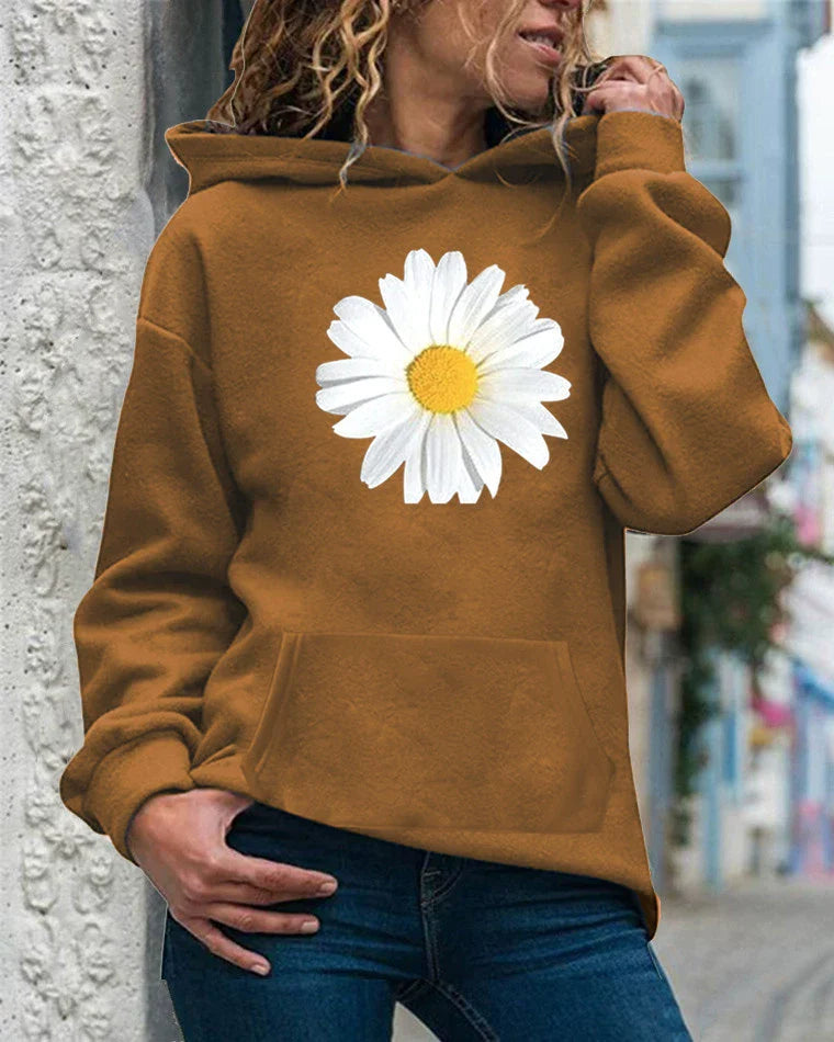 Women’s Hooded Sweatshirt – Relaxed Fit – Soft Fleece – Daisy Print – Pullover Style