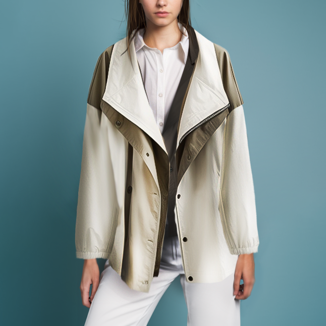 Women's Lightweight Jacket - Loose Fit - Asymmetrical Draped Front - Zip & Button Closure