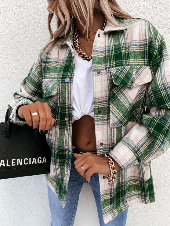 Women’s Shirt Jacket – Oversized Fit – Flannel – Checked Pattern – Button Front – Hip Length