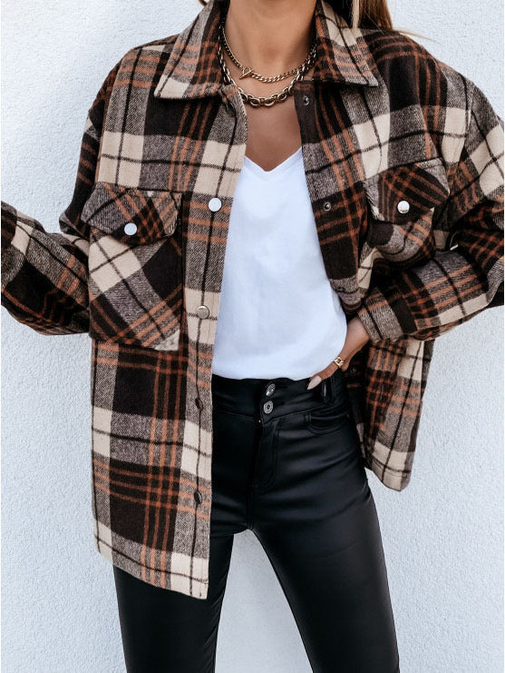 Women’s Shirt Jacket – Oversized Fit – Flannel – Checked Pattern – Button Front – Hip Length