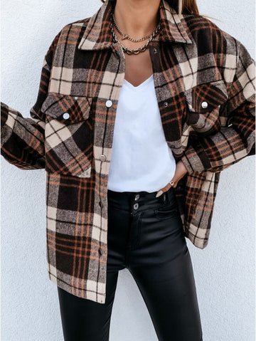Women’s Shirt Jacket – Oversized Fit – Flannel – Checked Pattern – Button Front – Hip Length