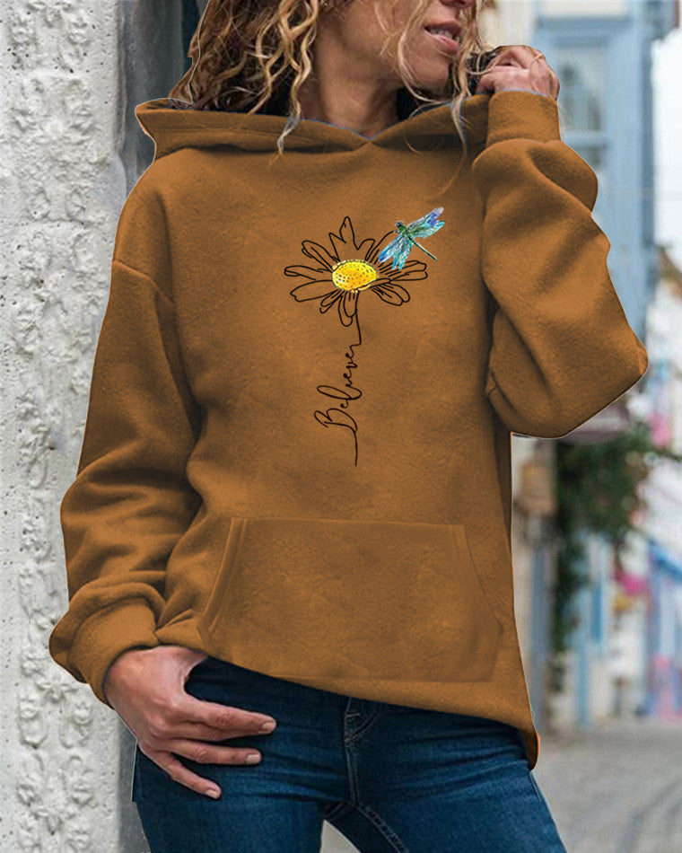 Women’s Hooded Sweatshirt – Relaxed Fit – Sunflower Print – Cotton – Long Sleeve – Kangaroo Pocket