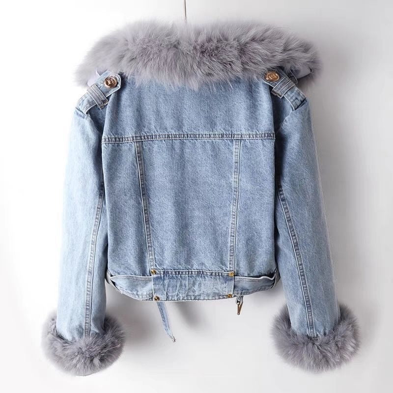 Women's denim jacket with faux fur collar and cuffs