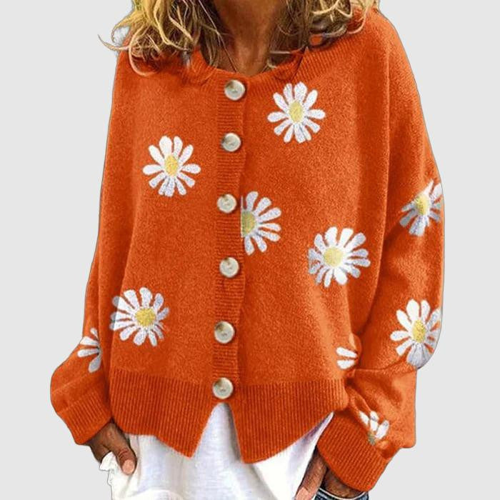 Women's daisy-embroidered button-down cardigan