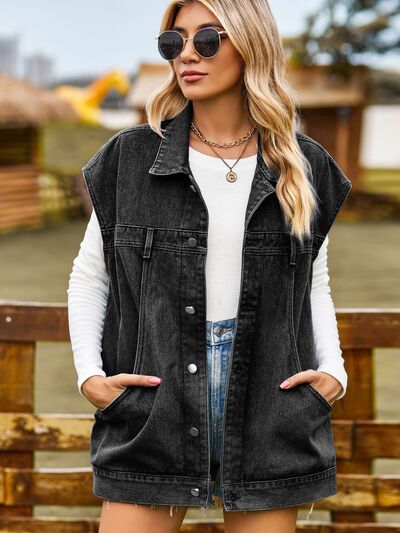 Eliana - button-up collared sleeveless denim jacket