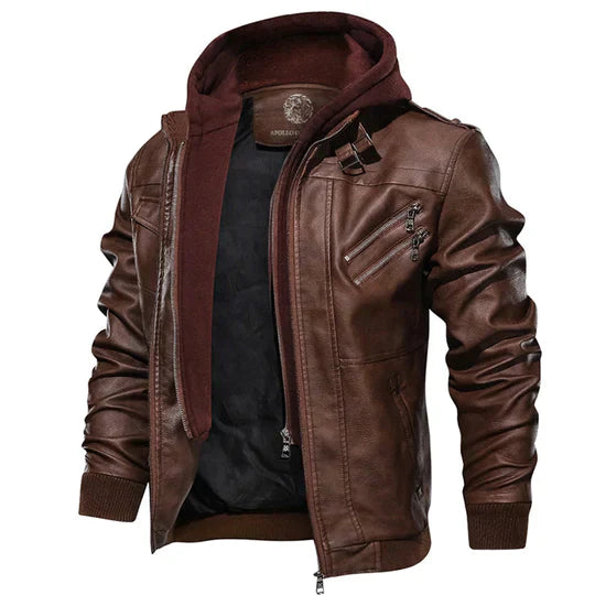 Men's faux leather hooded jacket for a rugged and stylish look