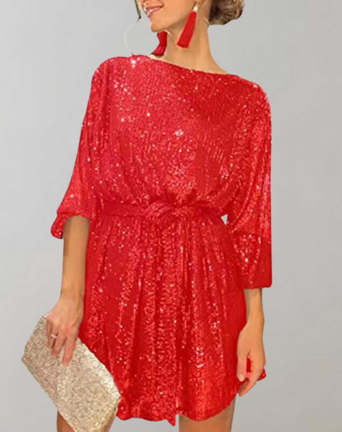 Women's Sequin Dress - Knee-Length - Three-Quarter Sleeve - Elastic Waist with Tie Belt