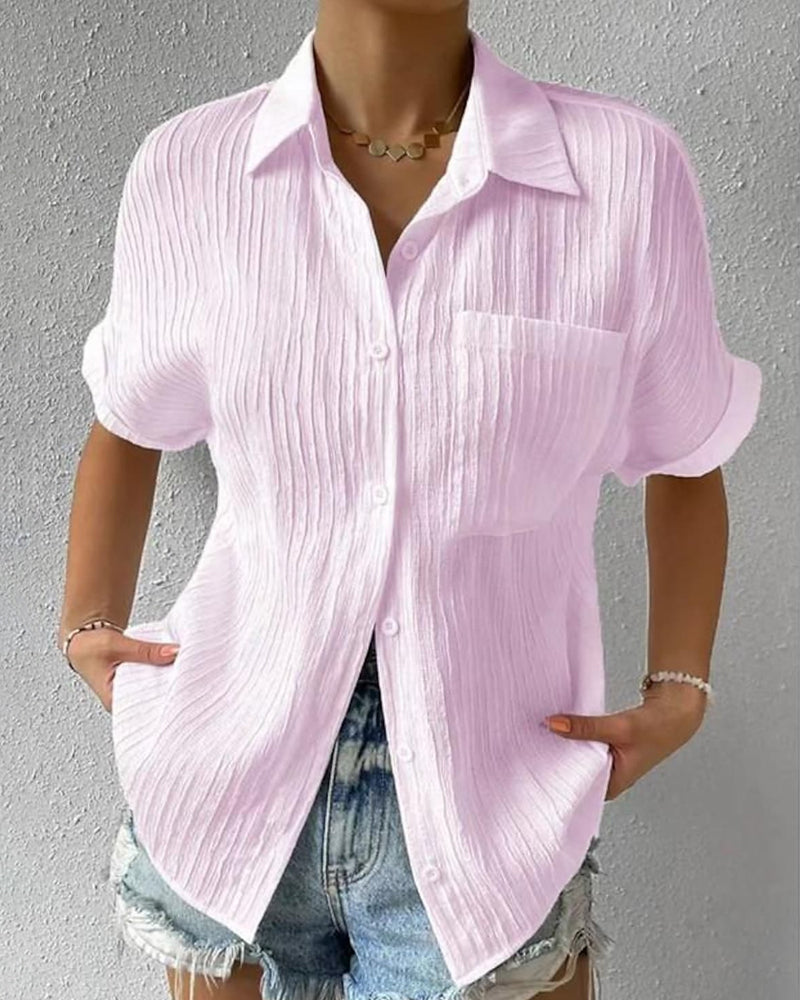 Women's Button-Down Shirt - Short Sleeve - Relaxed Fit - Textured Lightweight Fabric