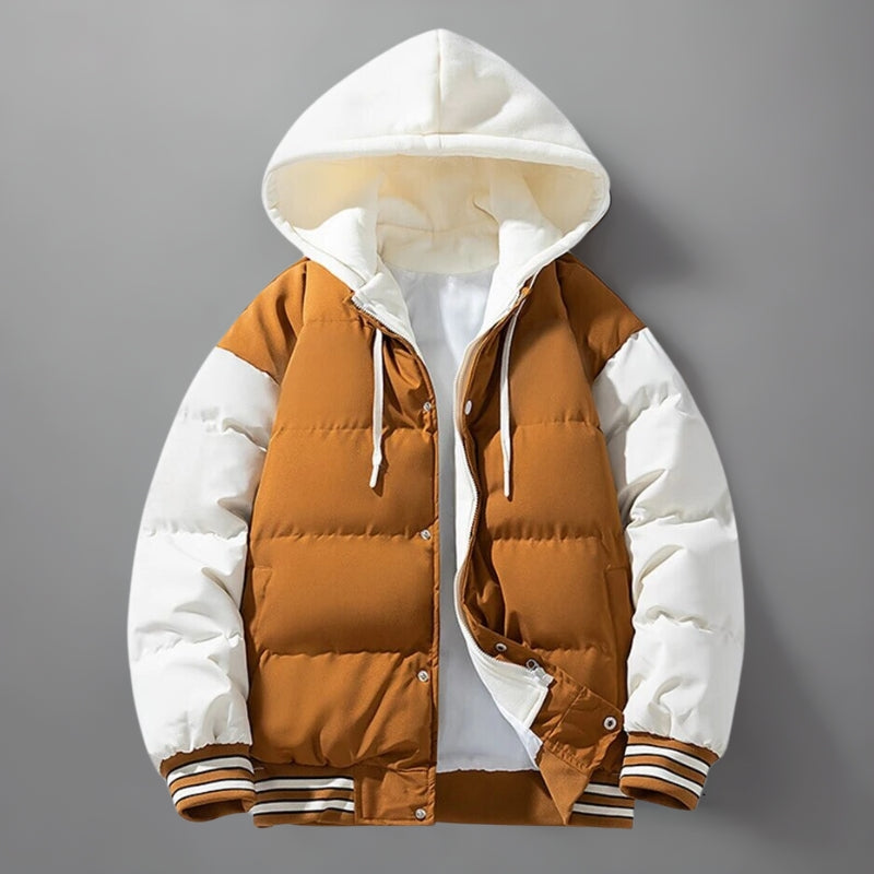 Men's varsity puffer jacket with hood