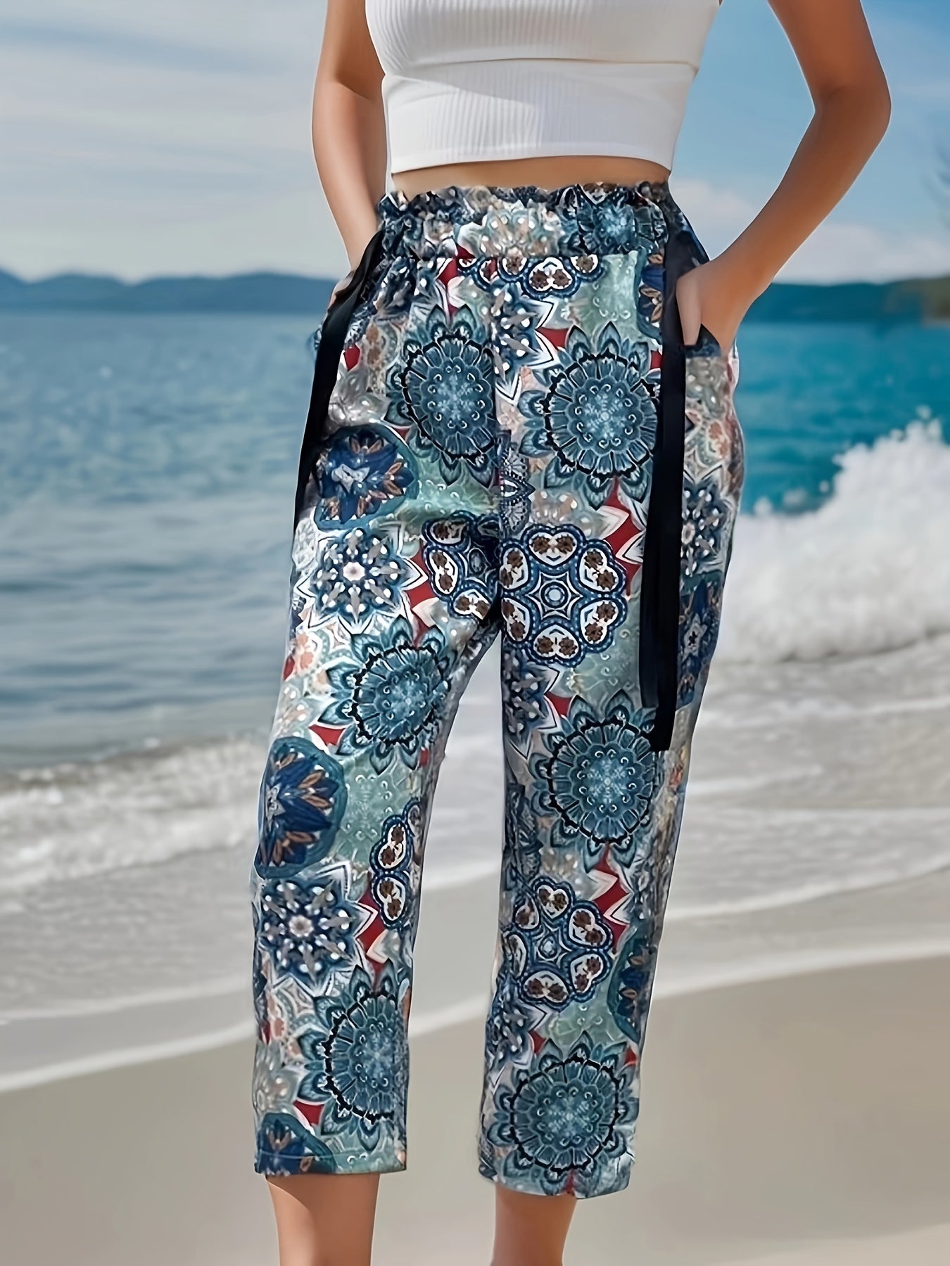 Elastic waistband pants with intricate ethnic pattern for women