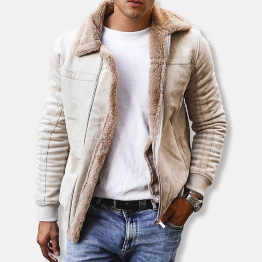Oliver Faux Fur Shearling Bomber Jacket | Collared Hip-Length Solid Jacket