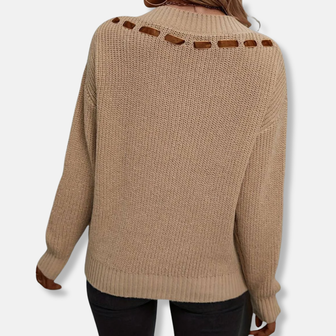 Women’s Sweater - Knit - V-Neck Ribbon Tie - Long Sleeve - Ribbed Trim