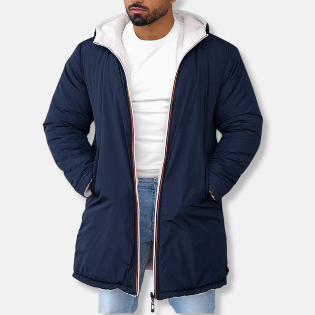 Men’s Fleece Jacket – Relaxed Fit – Hooded Mid-Length – Double-Sided Warm Outerwear