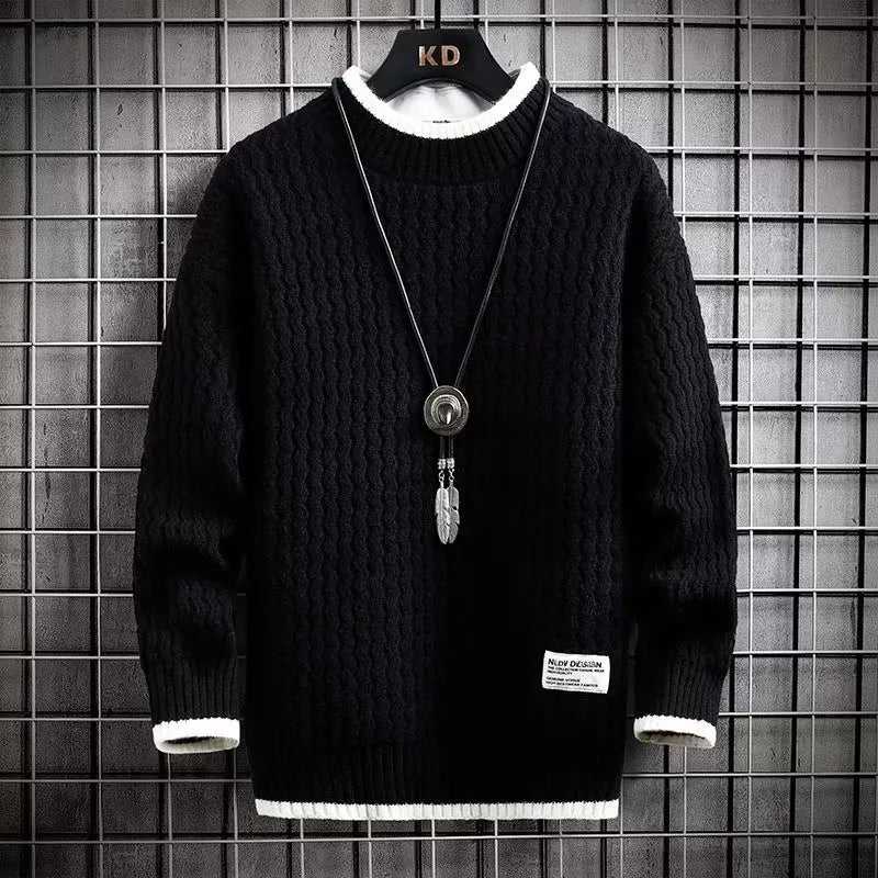 Men's textured knit sweater with contrast collar and hem