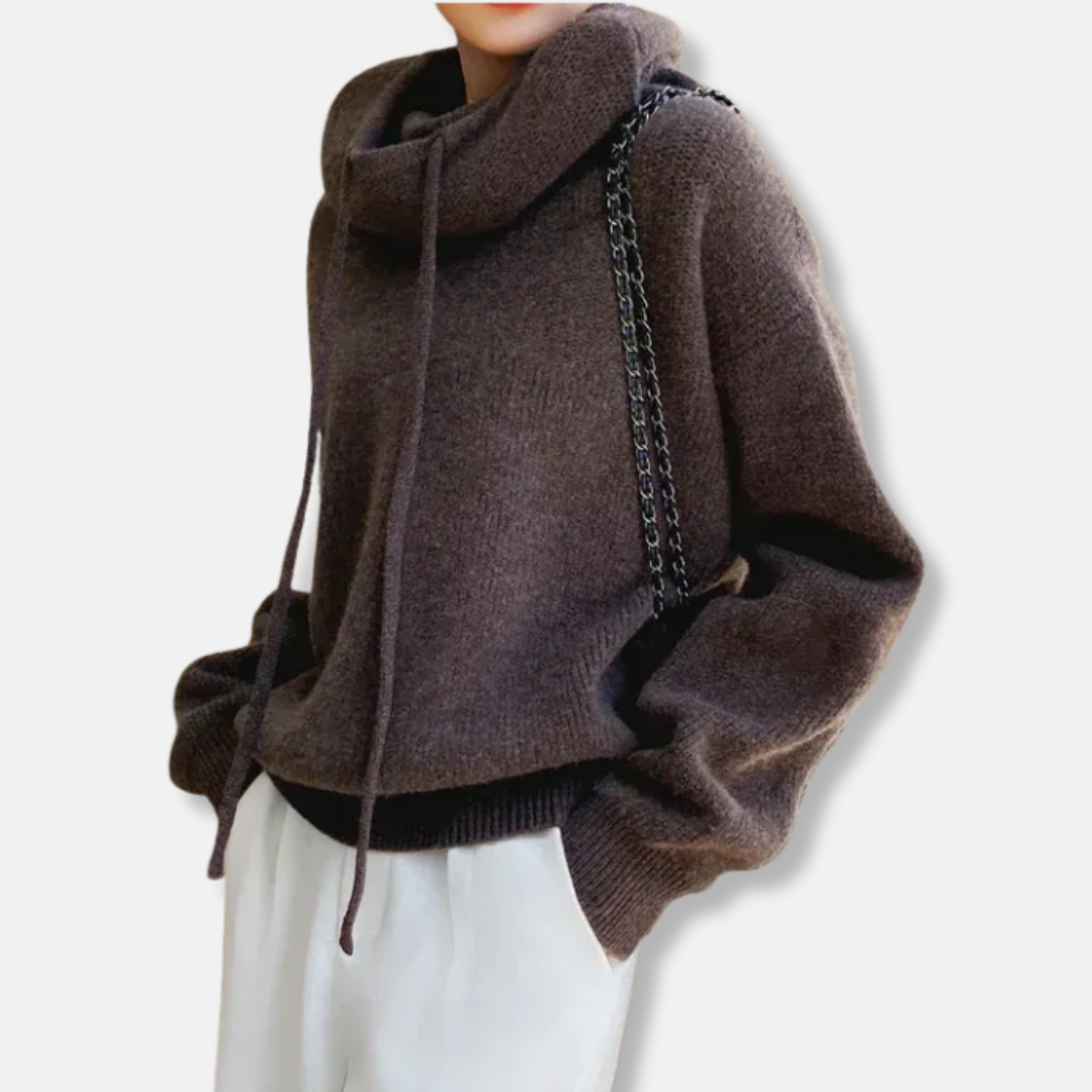 Women’s Knitted Sweatshirt – Oversized Fit – Soft Knit – Cowl Neck with Drawstring