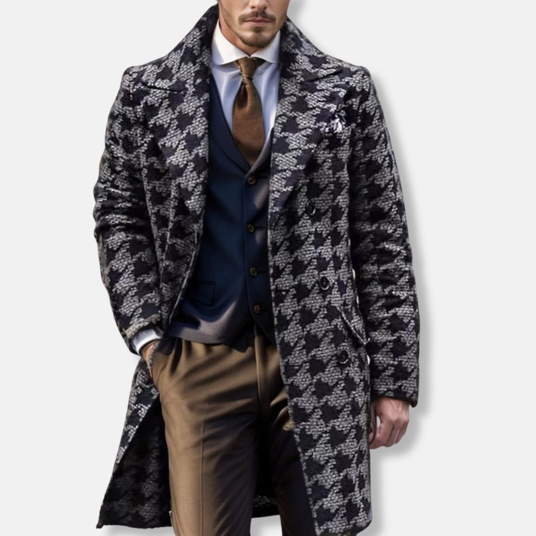 Men’s Trench Coat – Wool Blend – Tailored Fit – Notch Lapel – Geometric Pattern