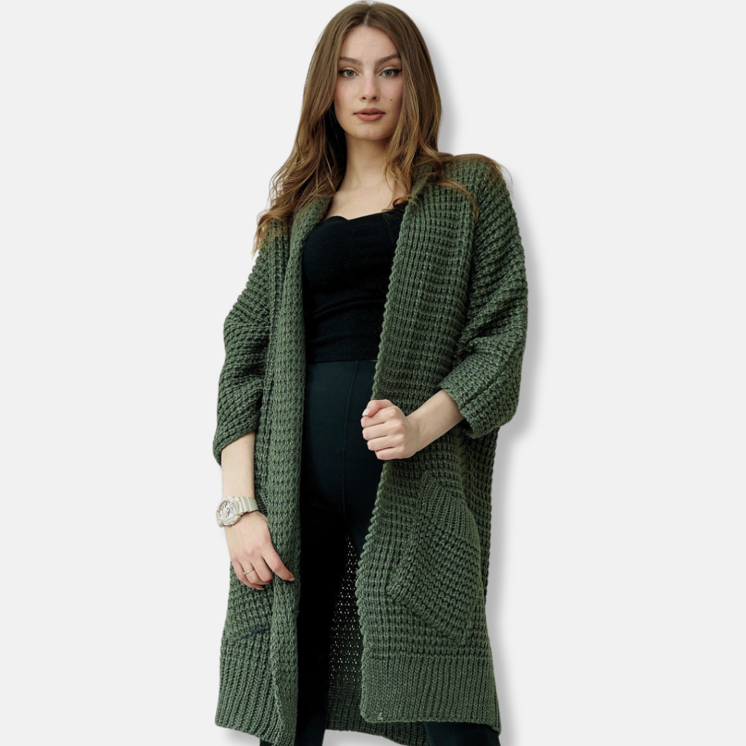 Women’s Knitted Coat – Oversized Fit – Open Front – Drop Shoulder – Patch Pockets
