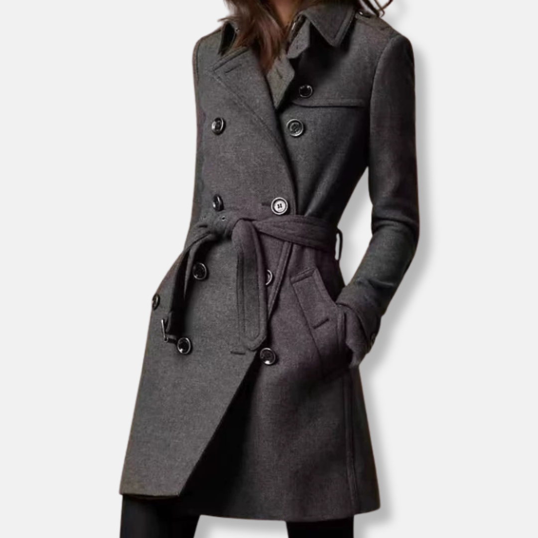 Women’s Coat – Slim Fit – Wool Blend – Double-Breasted – Belted Mid-Thigh Length