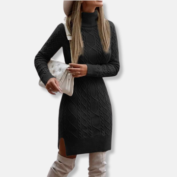 Women’s Mini Dress – Slim Fit Wool Blend – Turtleneck – Cable Knit – Side Slit