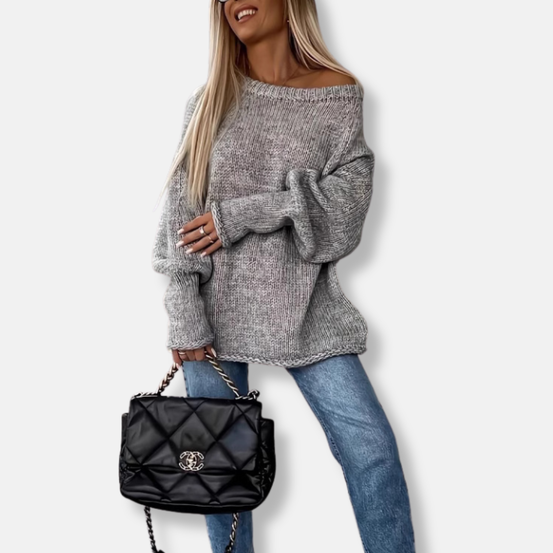 Women’s Sweatshirt - Chunky Knit - Off-Shoulder Neckline - Oversized Fit