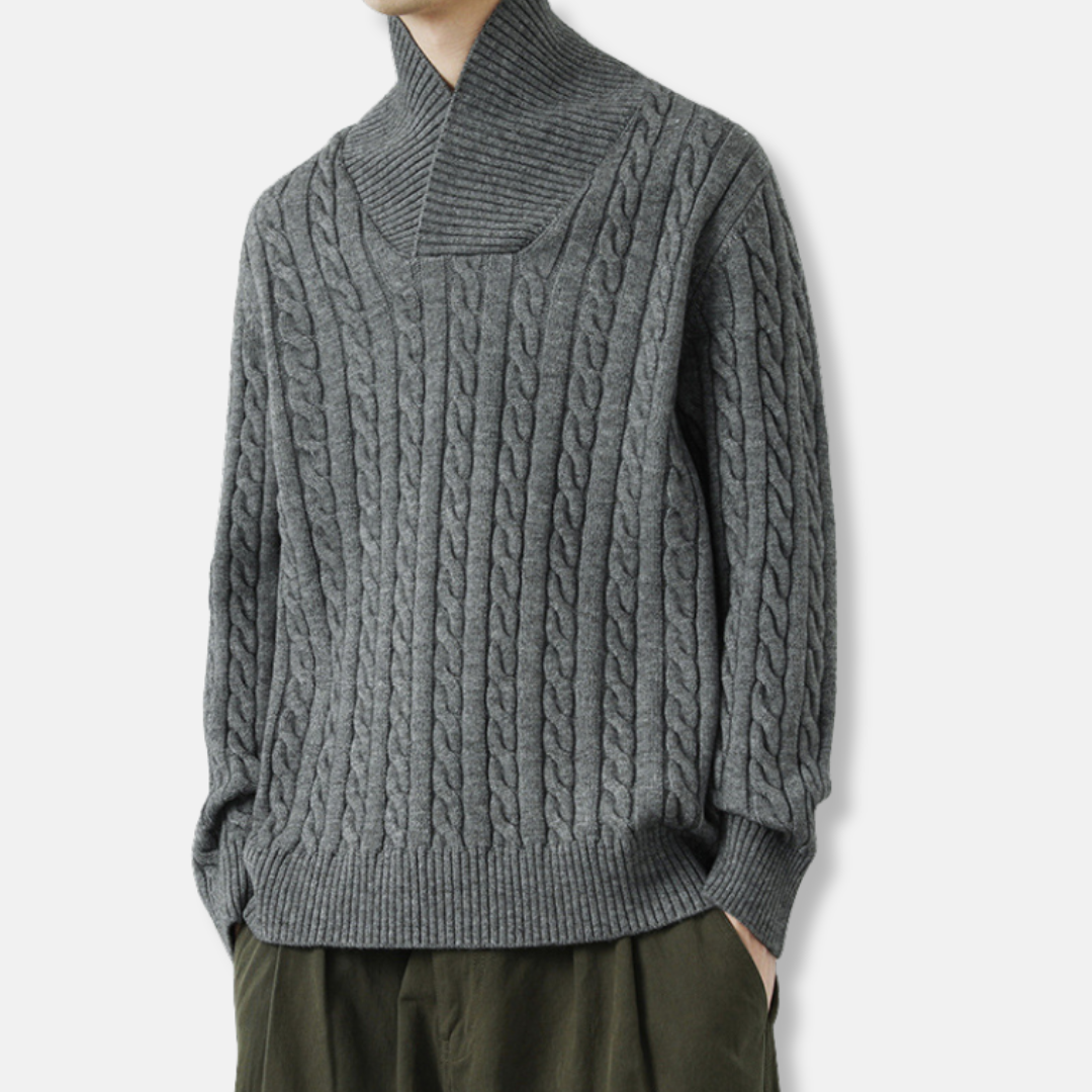Men’s Pullover Sweater - Wool Blend - Shawl Collar - Cable Knit Pattern