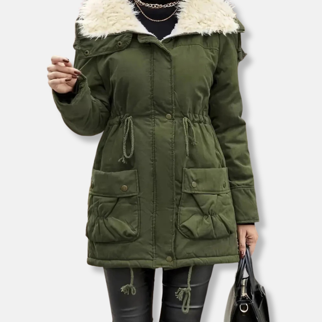 Women’s Parka Jacket – Mid-Length Fit – Faux Fur Hood – Drawstring Waist – Multi-Pocket